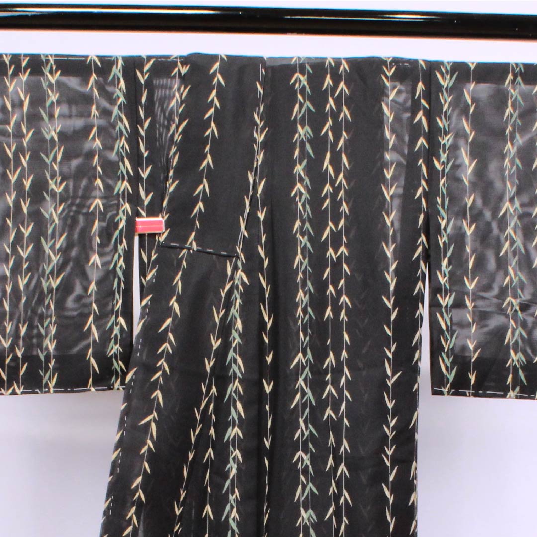 Summer item, polyester, small pattern, length 162cm, sleeve length 66cm, black, bamboo, with lining, unused, silk, A rank, black, 1132000233410