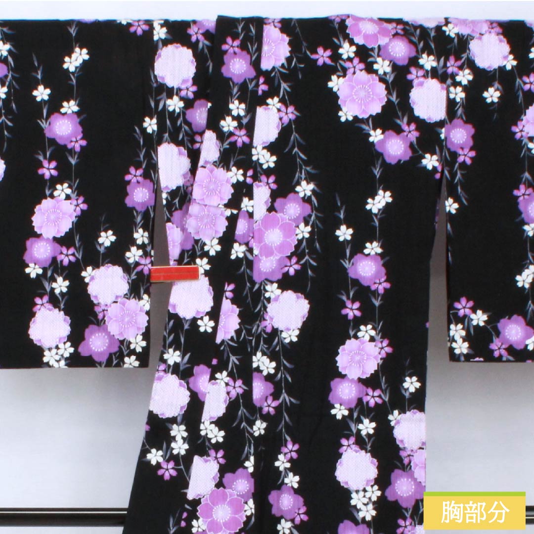 浴衣 綿麻 身丈165cm 裄丈69cm Aランク 単衣 黒系 しだれ桜 綿麻 1118006043510