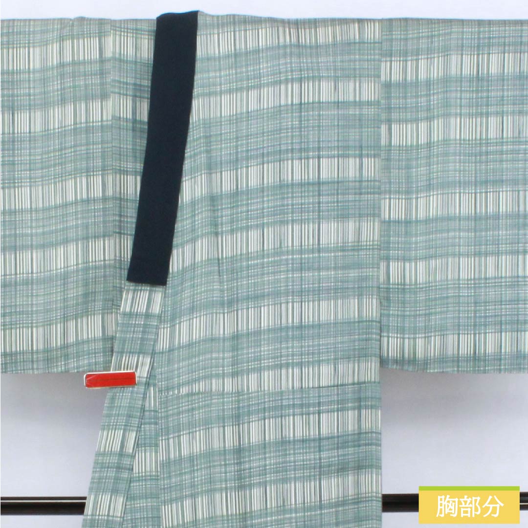 男物長襦袢 正絹 Sランク 身丈151cm 裄丈69cm 藍砥茶色(あいとのちゃいろ) チェック柄 単衣 水色系 1140000632524