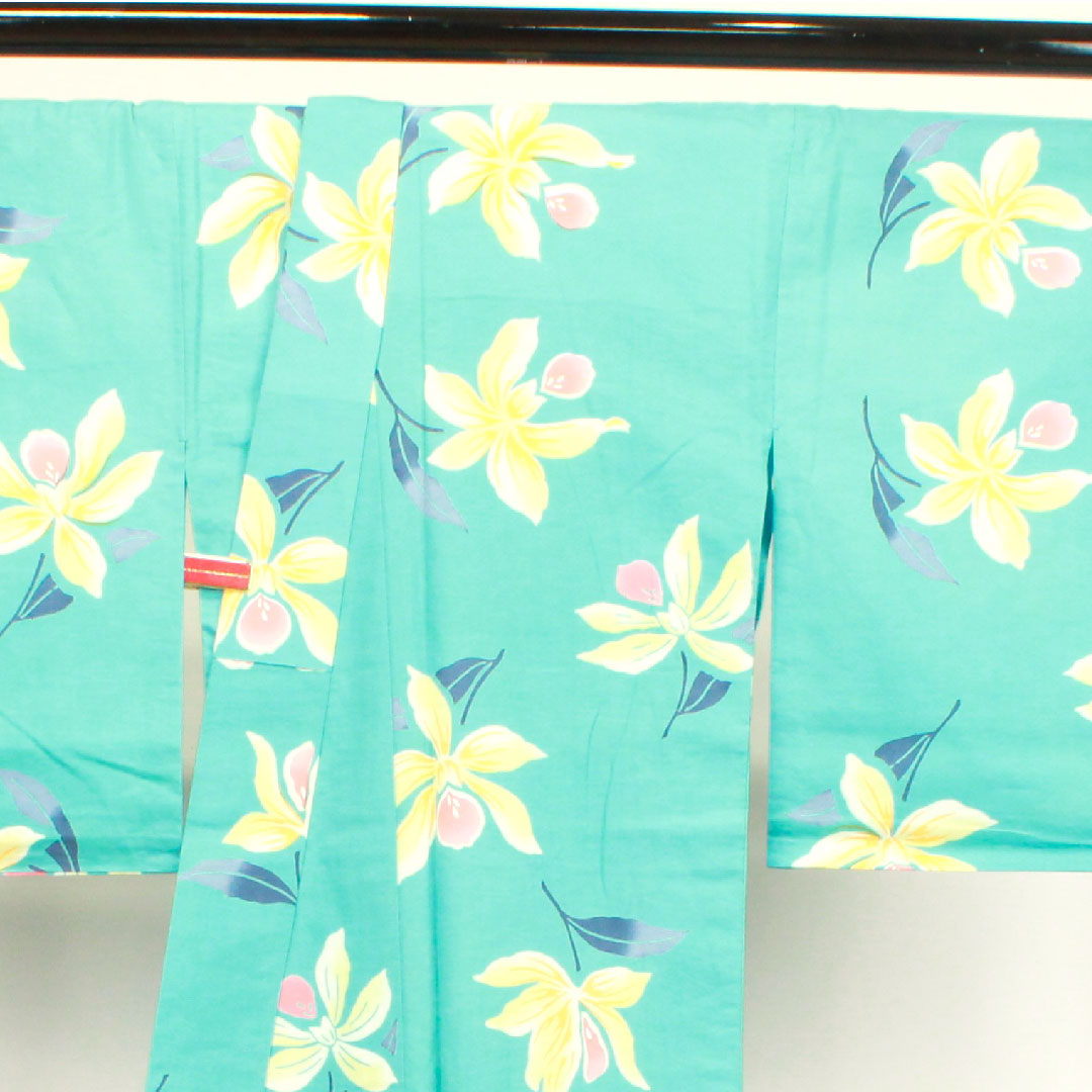 浴衣 水浅葱色 鬼灯 木綿 Sランク 単衣 身丈175.5cm 裄丈70.5cm 水色系 1118003022824