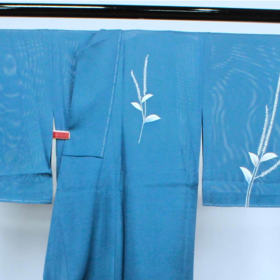 夏物 正絹 訪問着 身丈154.5cm 裄丈63.5cm 中縹色(なかのはなだいろ) 葉模様 しつけ付き 未使用品 絽 Aランク 青系 1132000353217