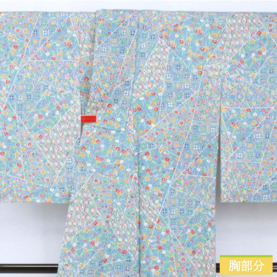 小紋 正絹 身丈164cm 裄丈63.5cm 袷 空色(そらいろ) 型染 割付 しつけ糸付き Sランク 水色系 1115005832424