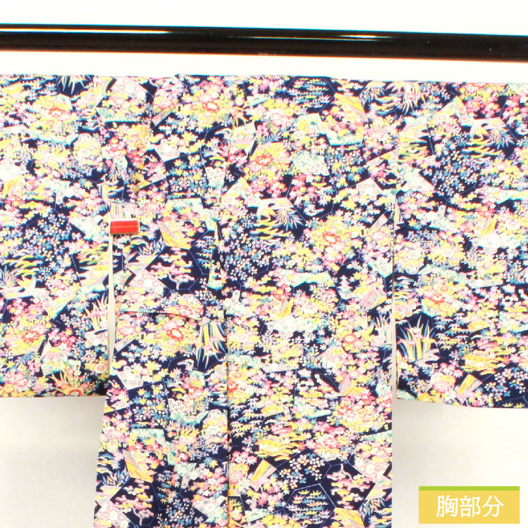 小紋 正絹 身丈157cm 裄丈64cm 袷 紺桔梗色 草花模様 茶屋辻 Sランク 紺系 1115003632318