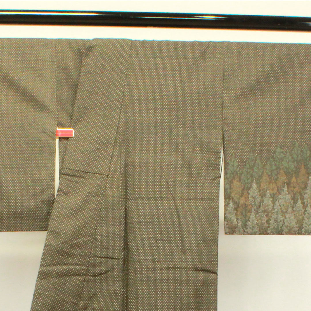 訪問着 正絹 袷 身丈171.5cm 裄丈67cm 墨色 赤城紬 抽象模様 Sランク 茶系 1112003232614