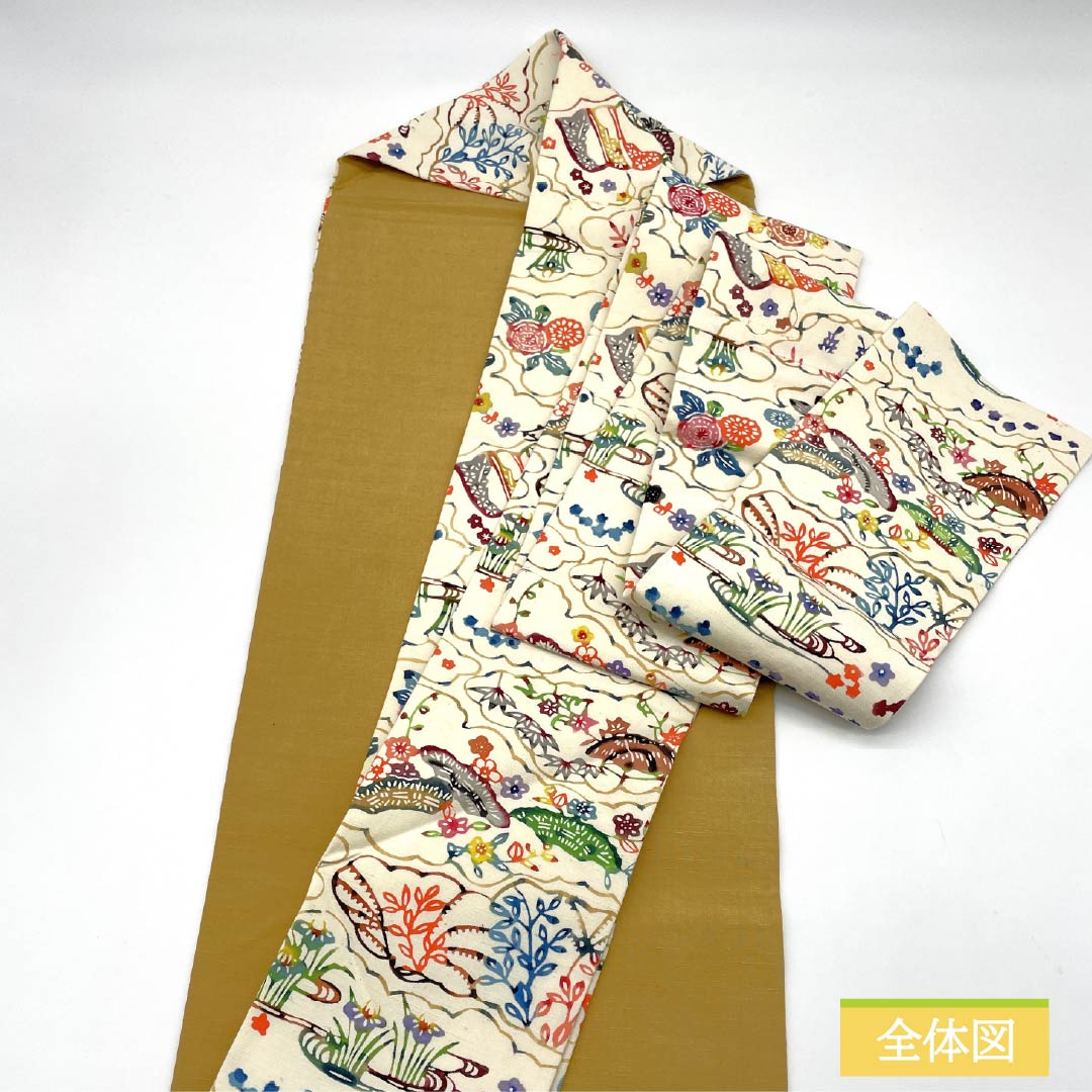 Nagoya obi, natural color, Kyo Bingata, Toyama, floral pattern, obi length 402cm, pure silk, A rank, full length, casual, cream color, 1124008033415, Nagoya style