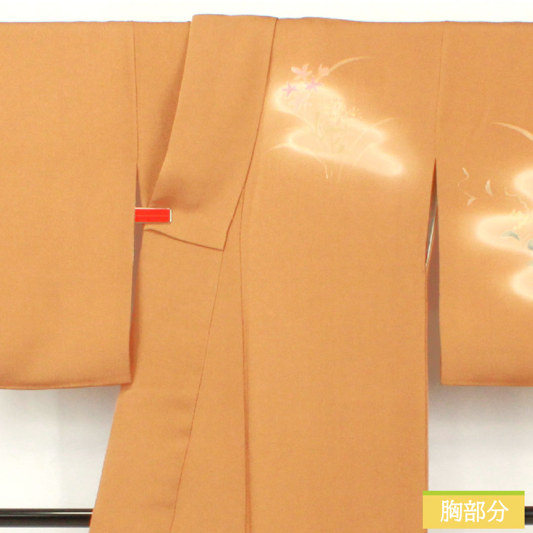 訪問着 正絹 袷 身丈168.5cm 裄丈65cm 金茶色(きんちゃいろ) ちりめん地 草花模様 Sランク 茶系 1112005902514