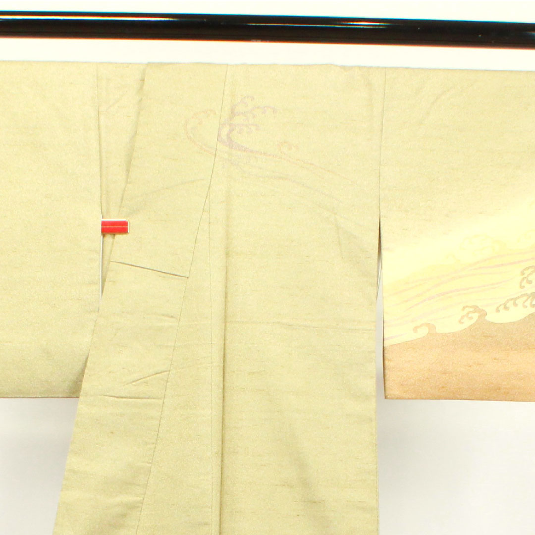 Homongi, pure silk, lined, length 164.5cm, sleeve length 65cm, wax color, pongee fabric, wave, A rank, beige, 1112003003425