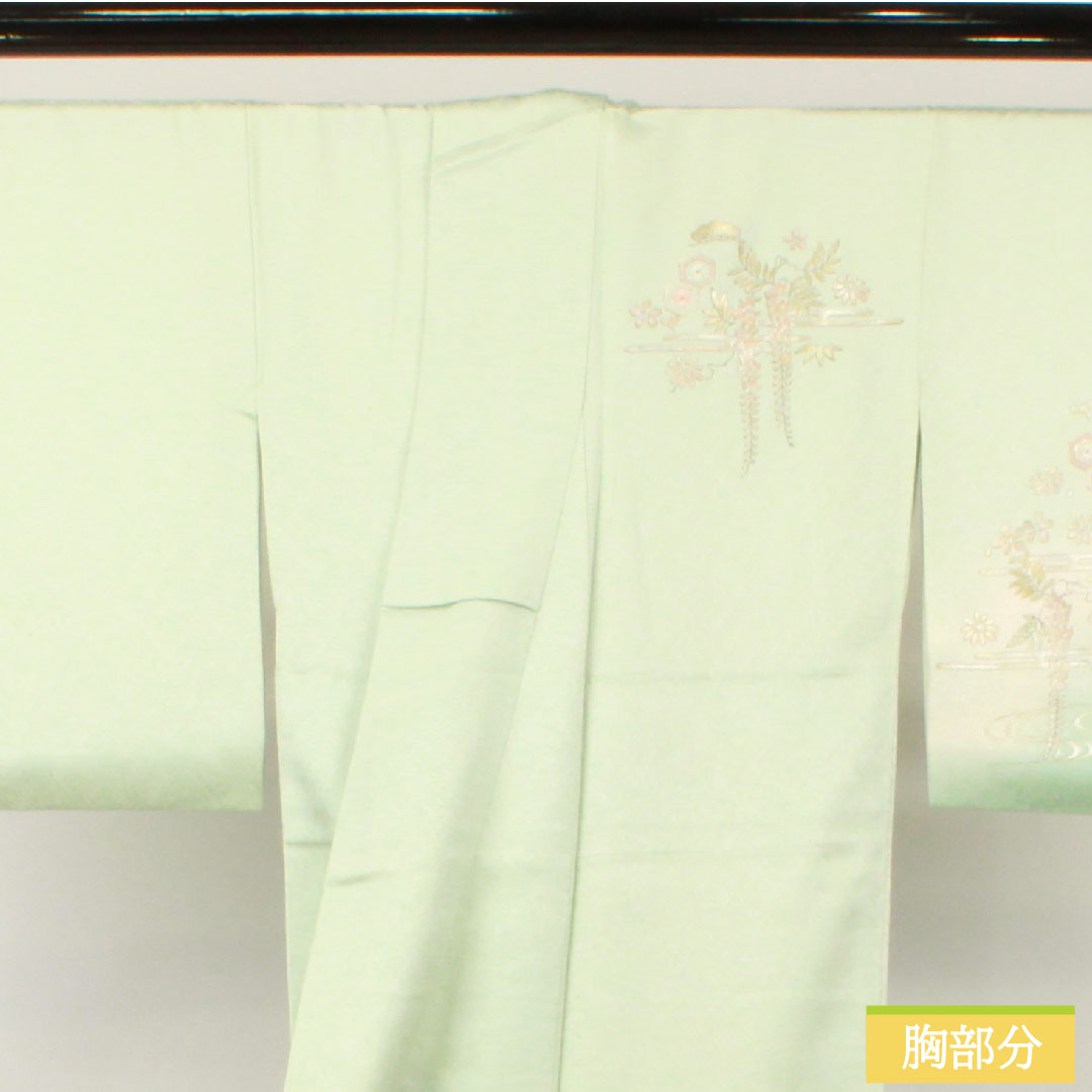 訪問着 正絹 袷 身丈155.5cm 裄丈63.5cm 白緑色(びゃくろくいろ) 金彩友禅 松 藤 貝桶 Sランク 緑系 1112004902319