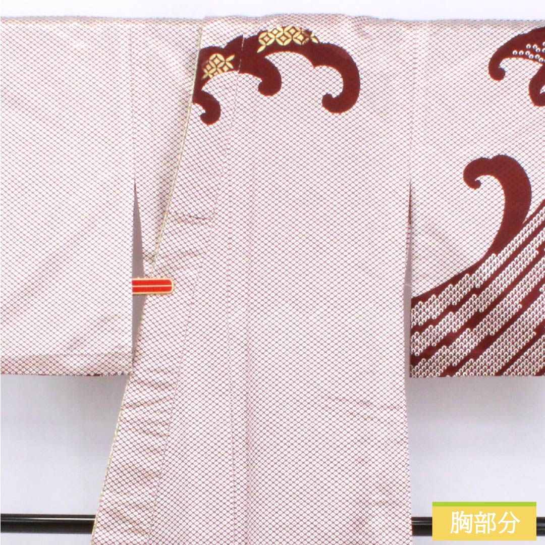 訪問着 ポリエステル Aランク 単衣 身丈162cm 裄丈66.5cm 木蘭色(もくらんじき) 波 七宝 半衿付き 洗える着物 赤系 1112006963412