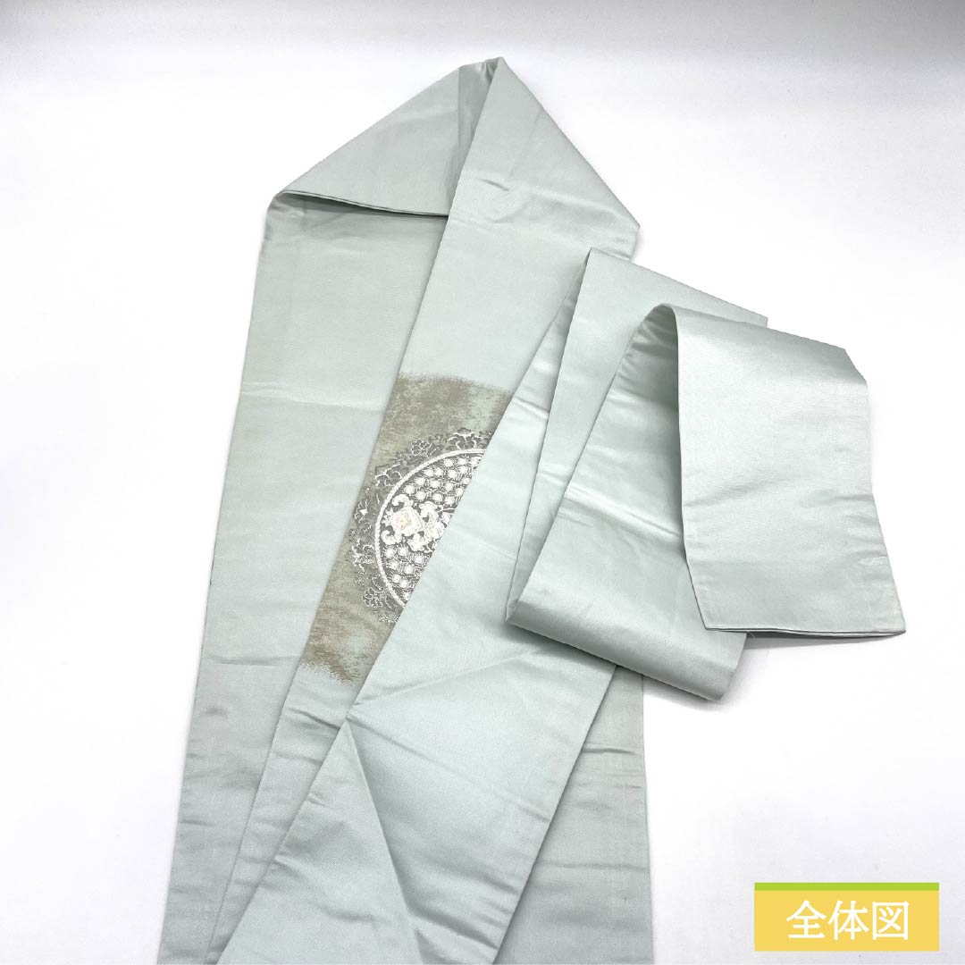 名古屋帯 正絹 Aランク 薄緑色(うすみどりいろ) 引箔 プラチナ箔 華紋 帯丈350cm ポイント柄 セミフォーマル 水色系 1124010713324 名古屋仕立て