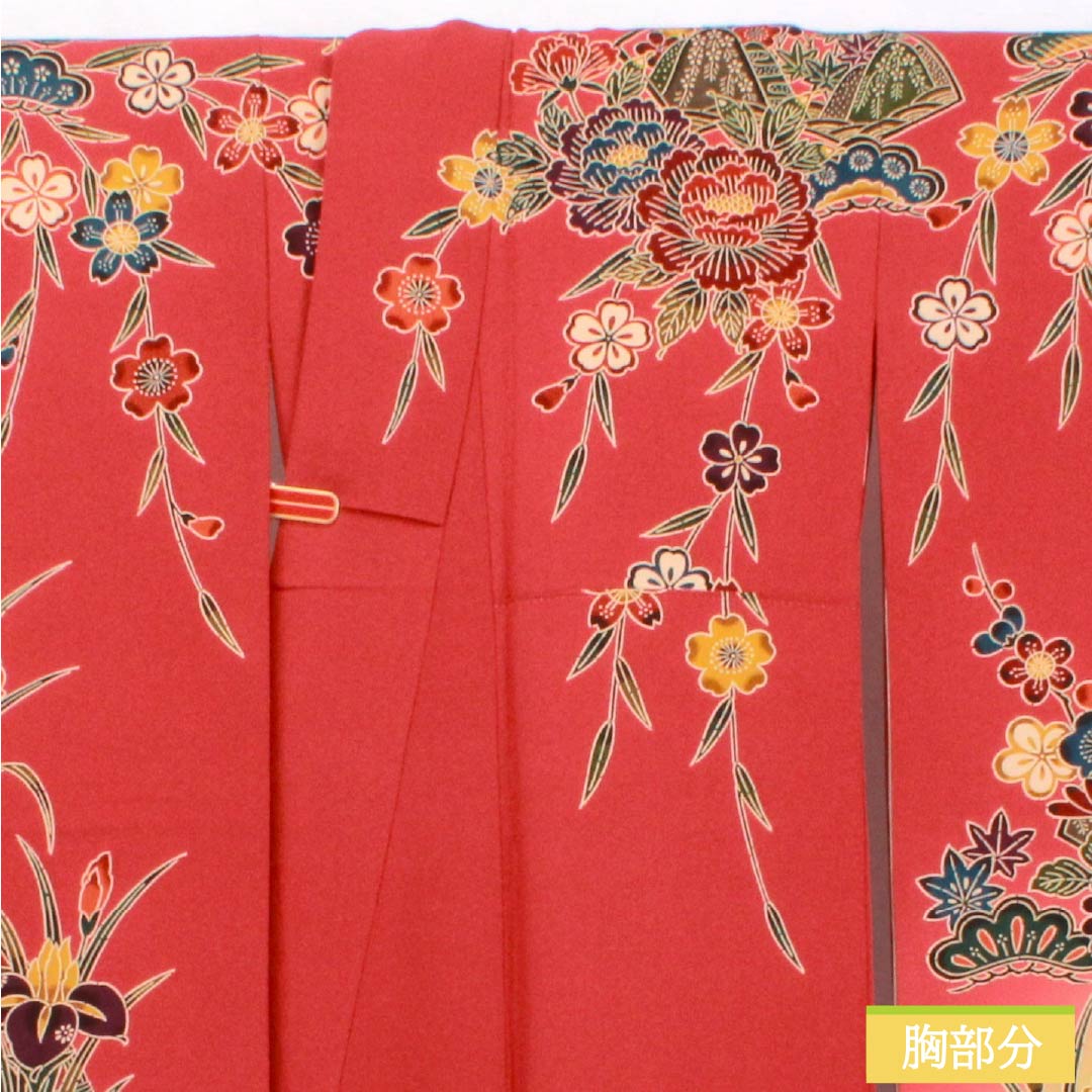 振袖 正絹 Sランク 身丈162.5cm 裄丈68cm 袷 紅絹色(もみいろ) 京紅型 吉祥文様 草花 扇面 流水 赤系 1113002672412