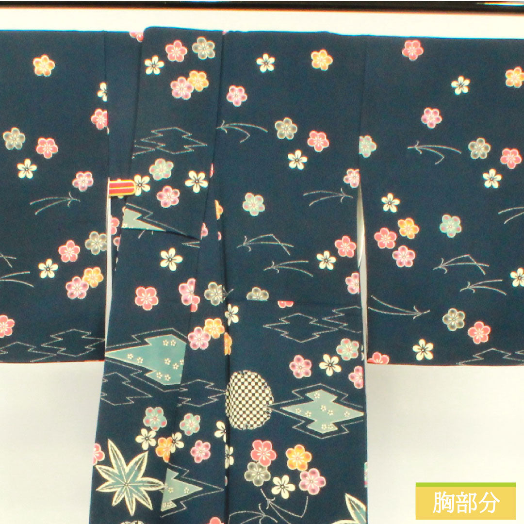 Homongi, pure silk, lined, length 158.5cm, sleeve length 62cm, dark blue, small pattern, tsukesage, Kyoto Bingata, A rank, navy blue, 1112003783318