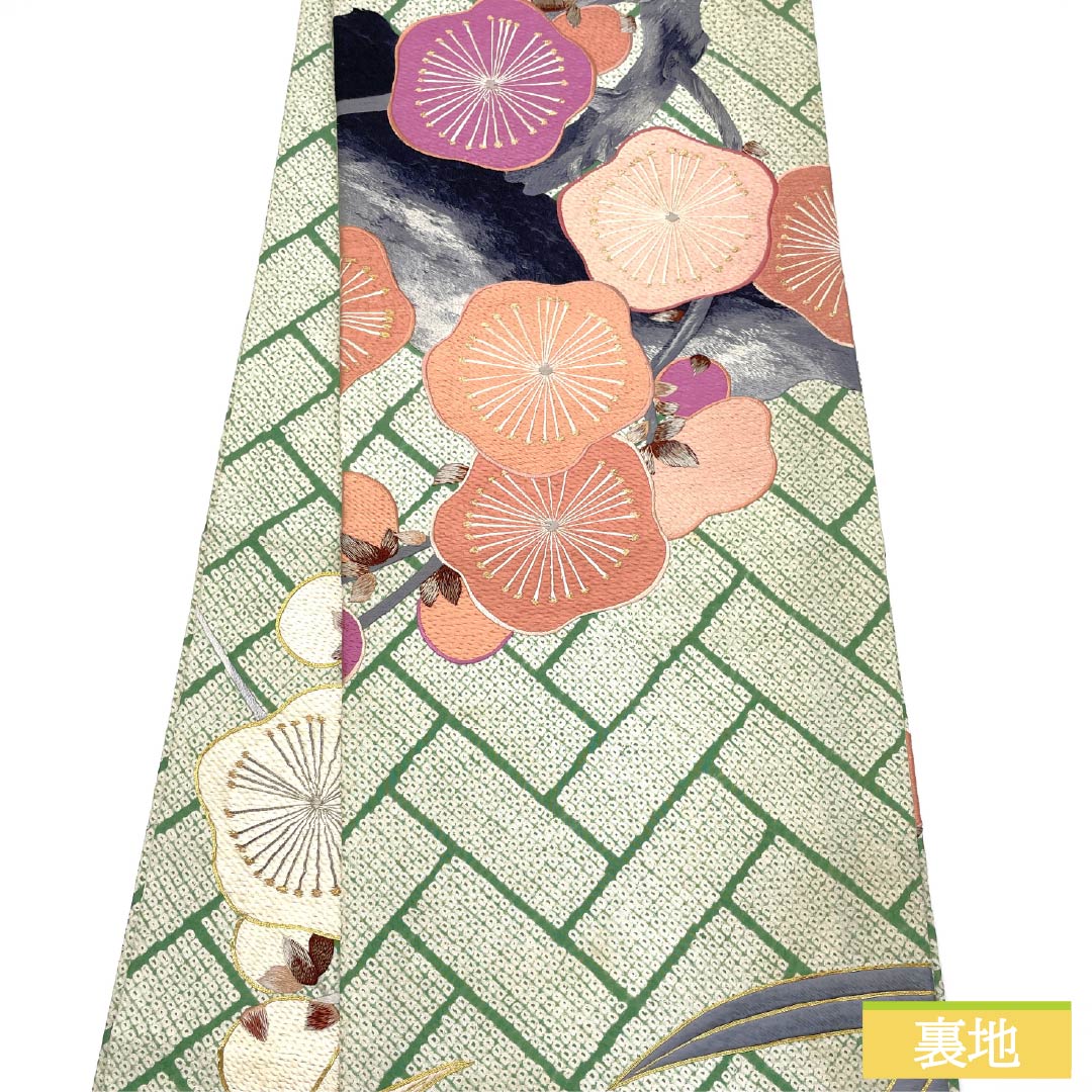 (丸帯)袋帯 正絹 琅玕色(ろうかんいろ) 絞り ビンテージ 刺繍 笹 帯丈404cm Bランク ポイント柄 セミフォーマル 緑系 1123014604319