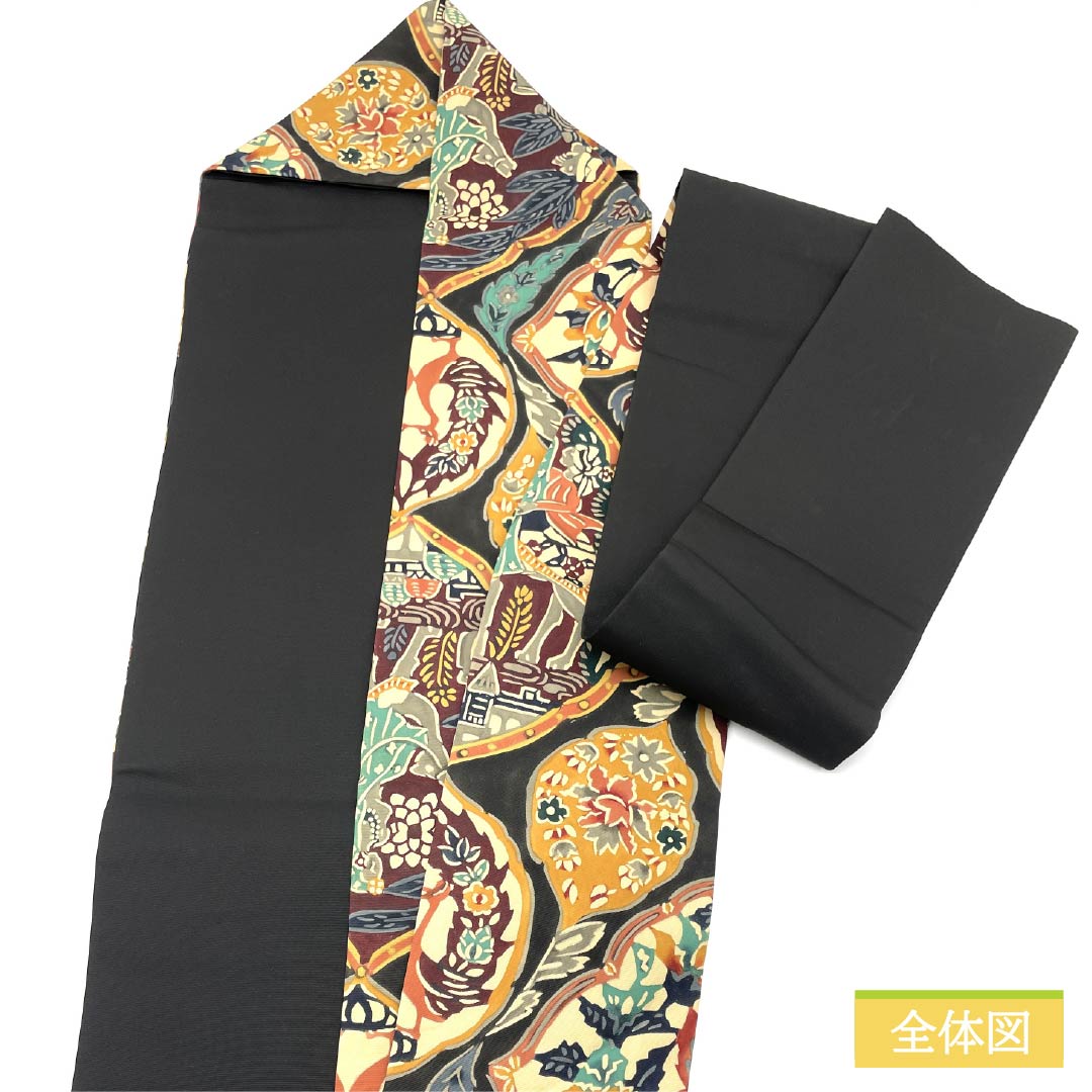 名古屋帯 型染 更紗模様 帯丈360cm 正絹 Sランク 六通 カジュアル 黒系 1124006682310 名古屋仕立て