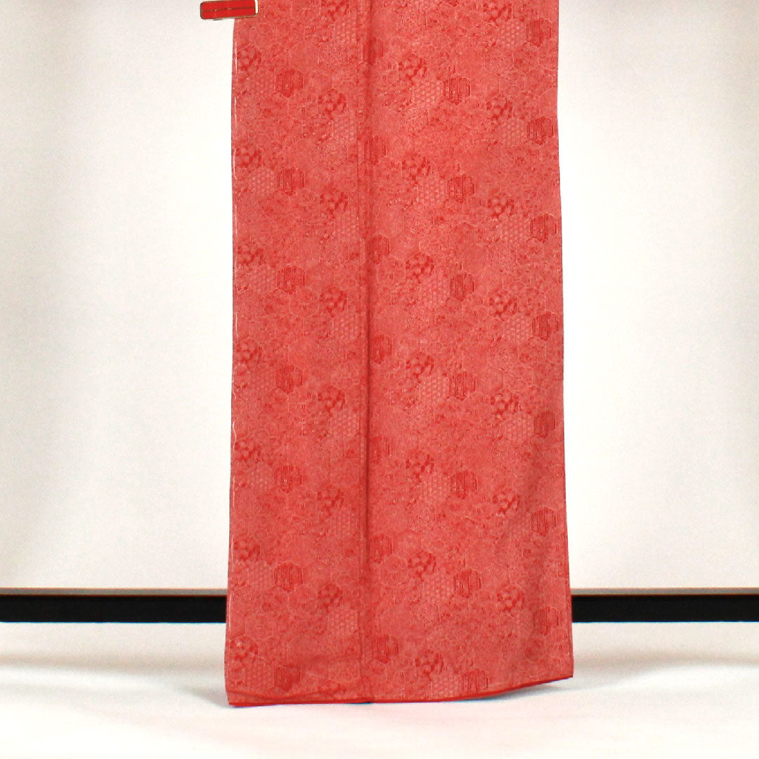 小紋 身丈164cm 裄丈64cm 袷 蝶と孔雀の羽 正絹 Sランク 朱系 1115000572316