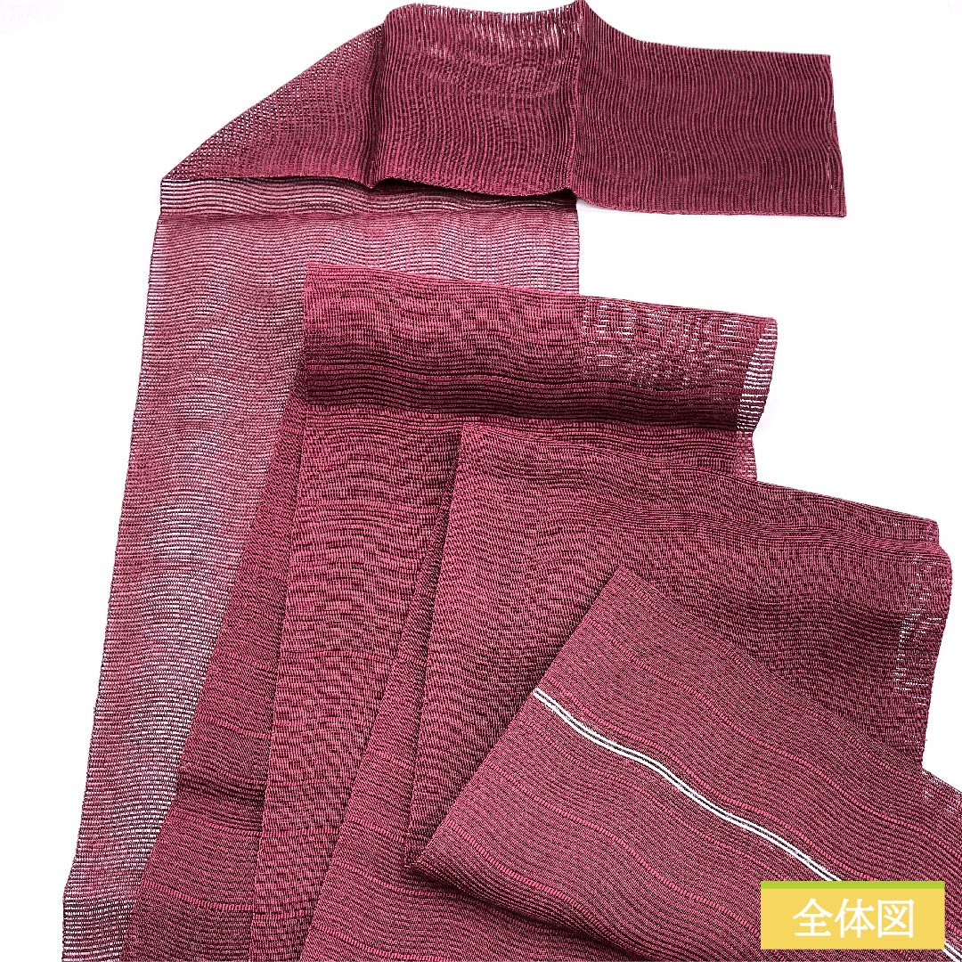 名古屋帯 暗紅色色 夏帯 絽 よろけ縞 帯丈357.5cm 正絹 Sランク 全通 カジュアル 紫系 1124006032320 松葉仕立て