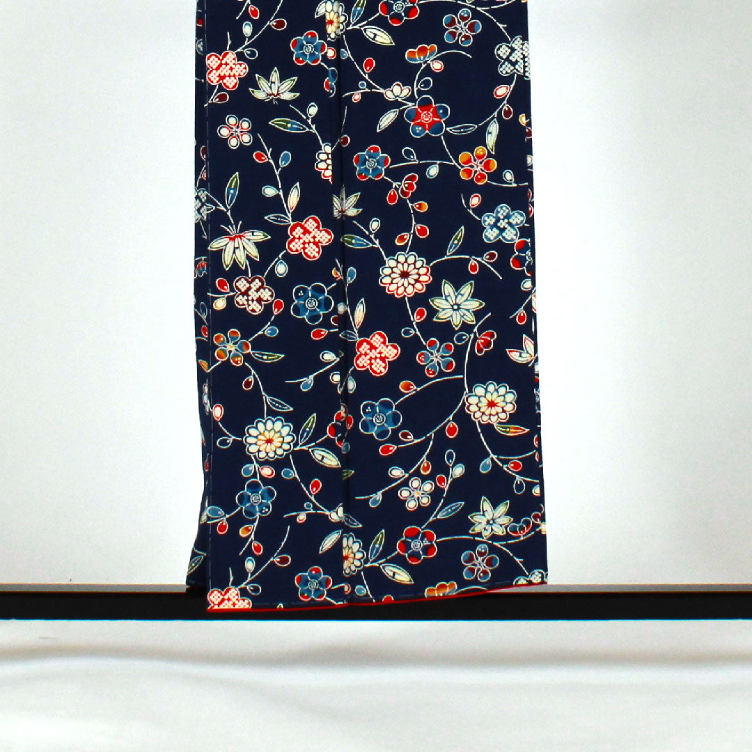 小紋 身丈155cm 裄丈62cm 袷 京紅型 松竹梅 花模様 正絹 Sランク 紺系 1115001202318