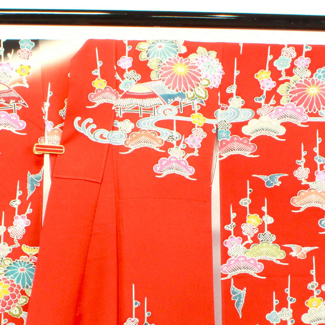 振袖 身丈158cm 裄丈66cm 袷 緋色 京紅型 松竹梅 菊 鳥 吉祥文様 正絹 Sランク 赤系 1113001602312