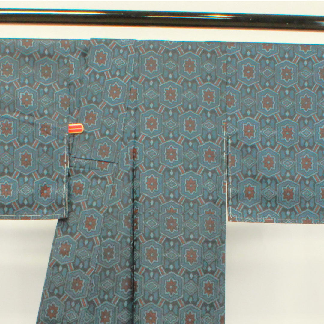 村山大島紬 身丈159.5cm 裄丈62.5cm アンサンブル 幾何学模様 正絹 Aランク 袷 紺系 1116002843318