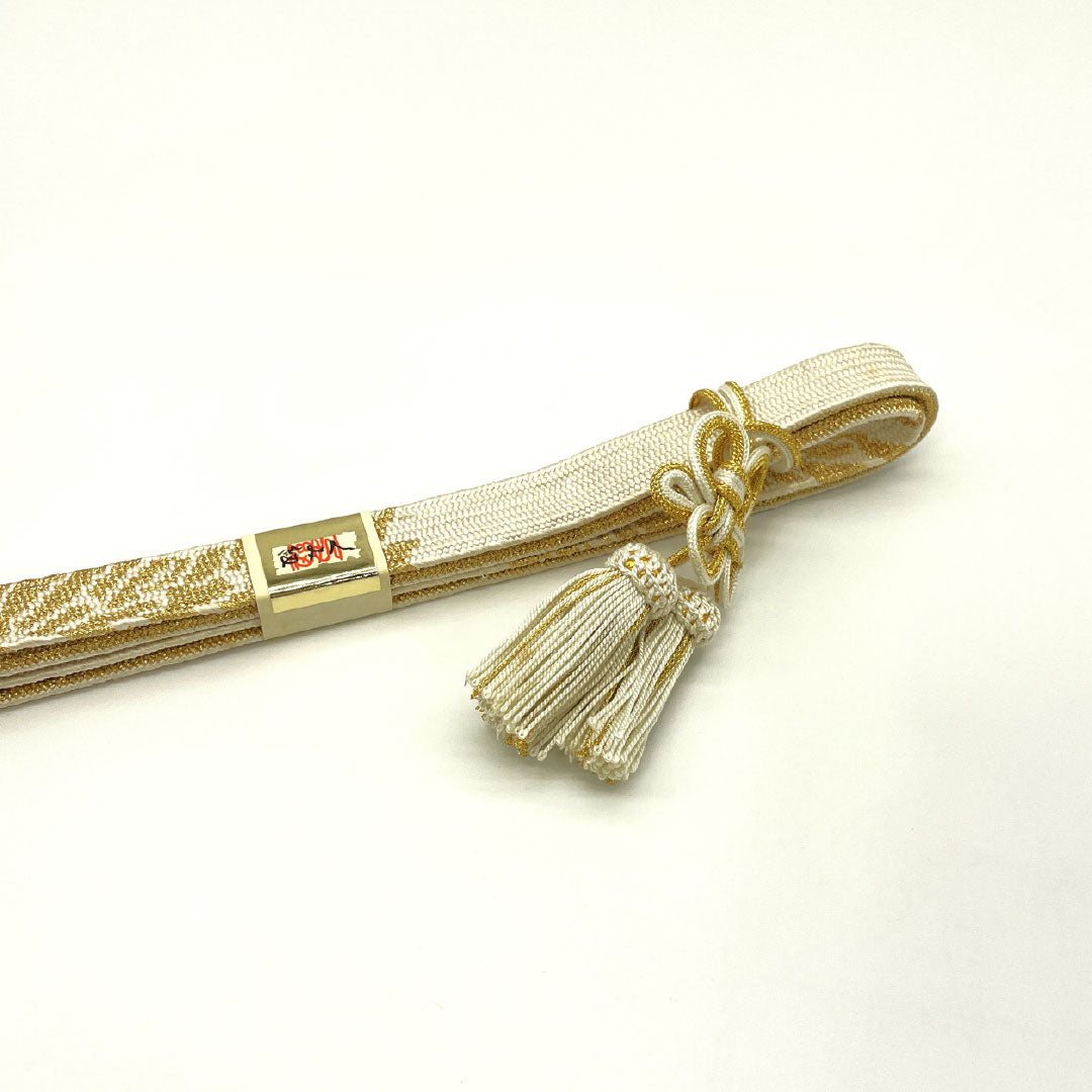 (新古品) 帯締め・帯揚げセット 正絹 Bランク 卯の花色(うのはないろ) 留袖用 純金 クジャクの羽 長さ約152cm 幅約1.8cm フォーマル 白系 1141000414311