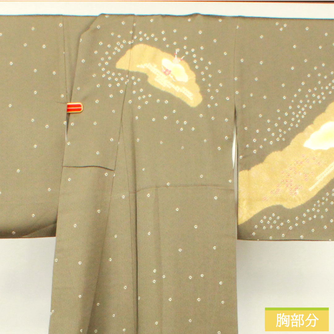 訪問着 正絹 袷 身丈162.5cm 裄丈66.5cm 砂色 刺繡 部分絞り スーパー鈴ガード Sランク グレー系 1112003632422