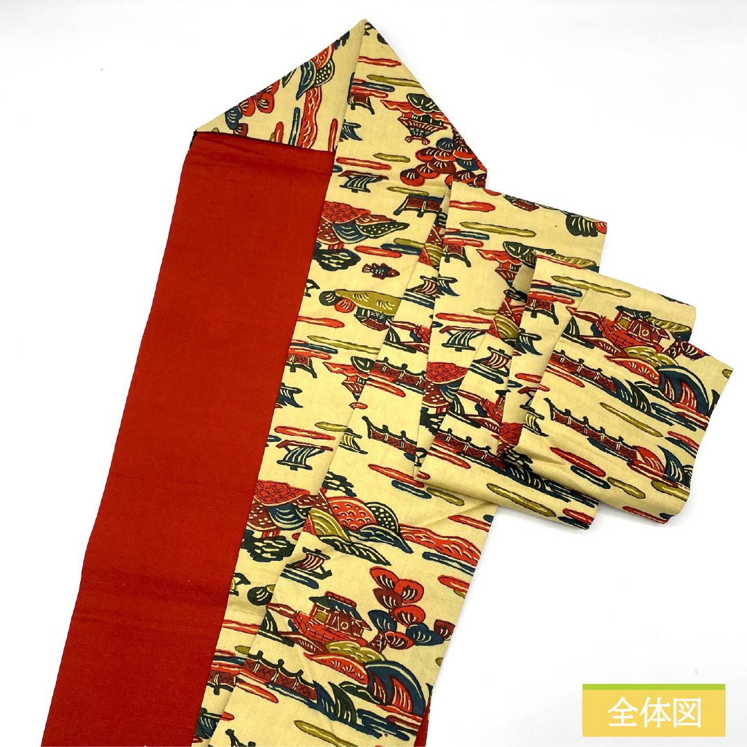 名古屋帯 淡黄色色(たんこうしょくいろ) 京紅型 風景模様 魚 帯丈356cm 正絹 Sランク 全通 カジュアル 黄系 1124007362323 名古屋仕立て