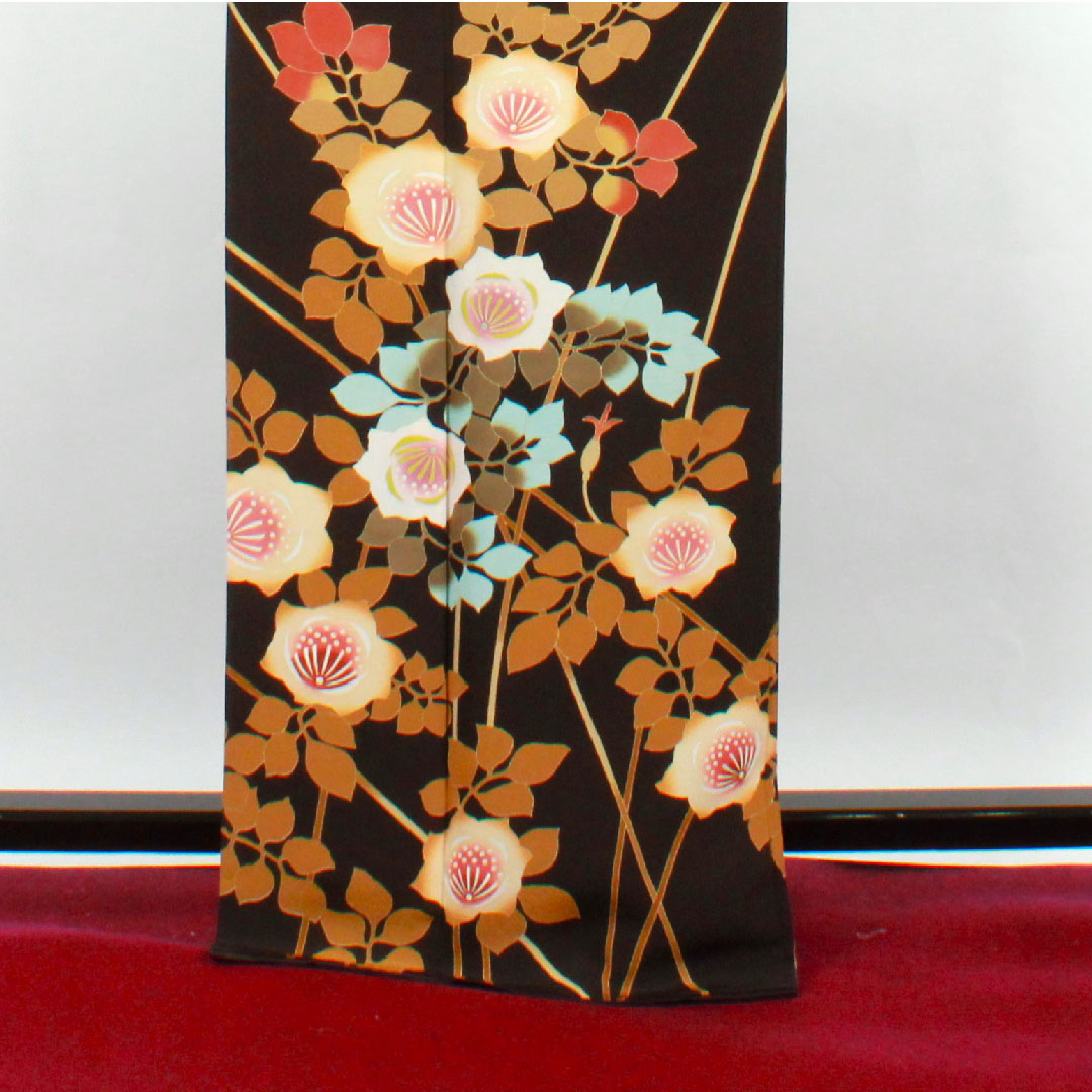 訪問着 袷 身丈161cm 裄丈70cm 黒鼠色 手描き友禅 草花模様 正絹 Sランク 黒系 1112001762410