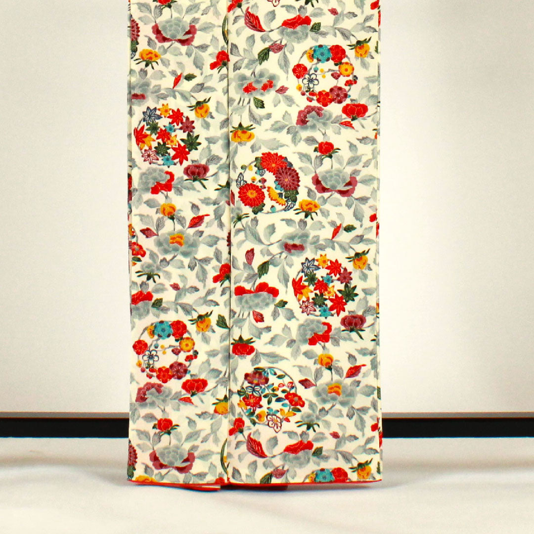 小紋 身丈164cm 裄丈67cm 袷 型染 菊 草花模様 正絹 Aランク 白系 1115001223311