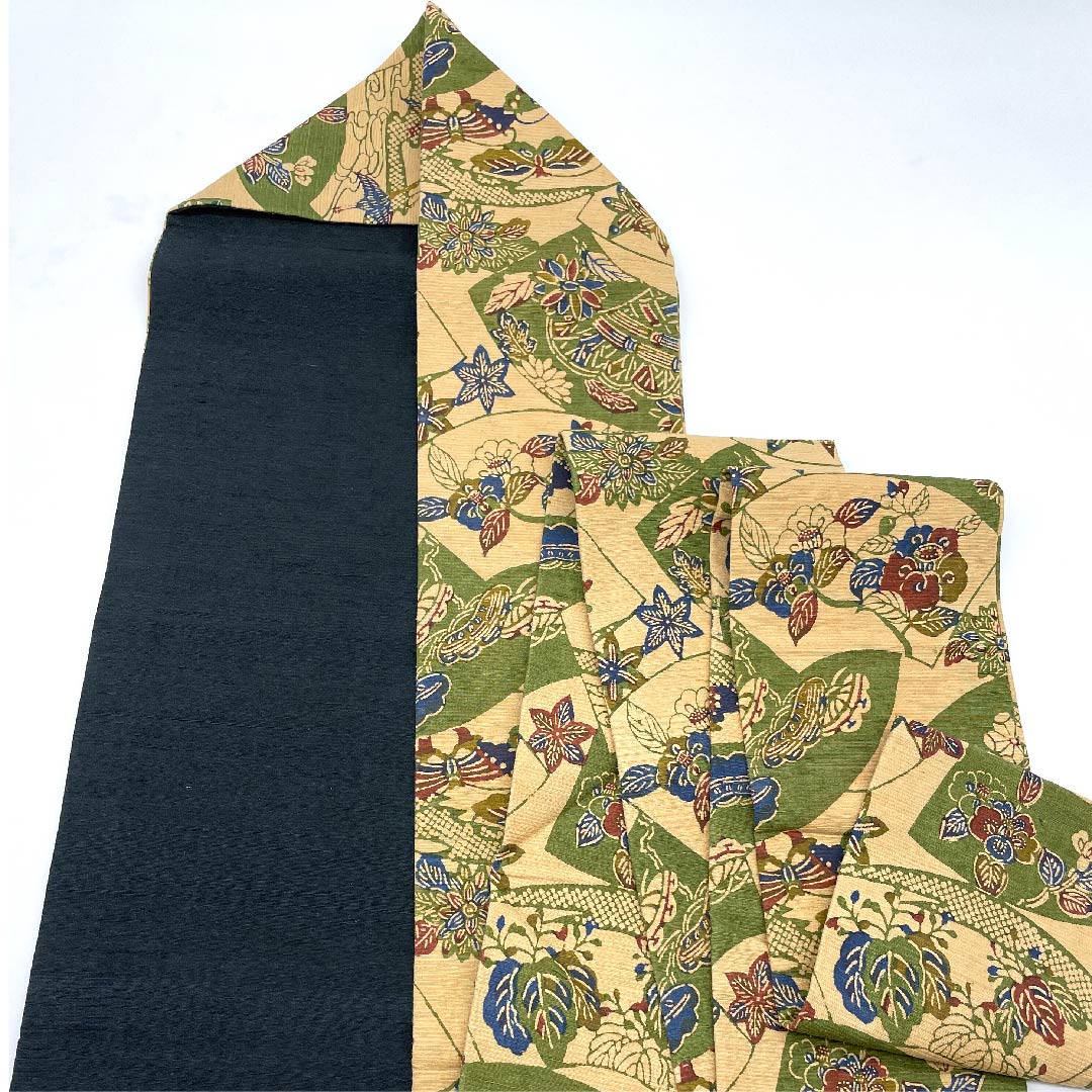 名古屋帯 薄柿色 古典柄 扇面に松竹梅 鳥 蝶 帯丈382cm 正絹 Aランク 全通 カジュアル ベージュ系 1124004613325 名古屋仕立て