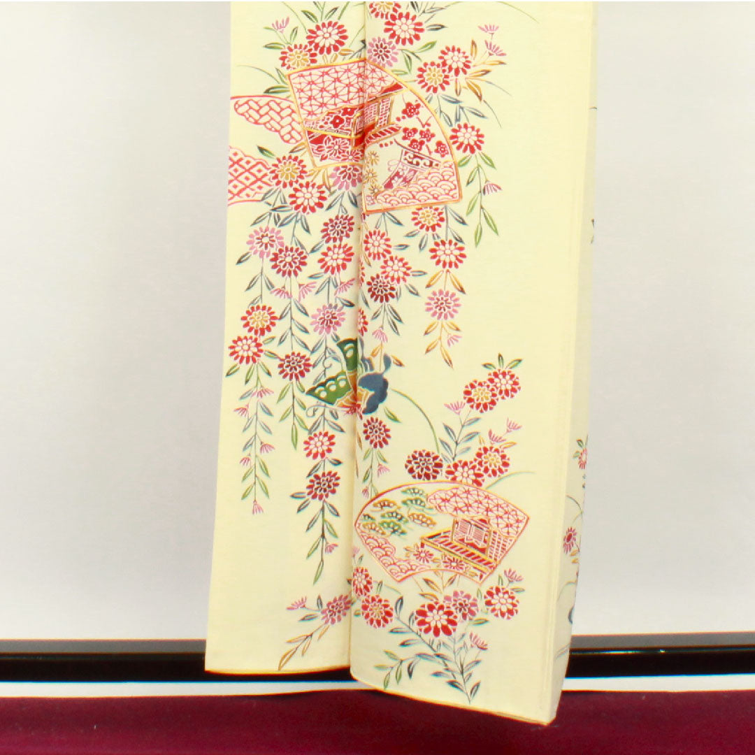 訪問着 袷 身丈159cm 裄丈62.5cm 鳥の子色 京紅型 草花模様 正絹 Aランク クリーム系 1112001943315