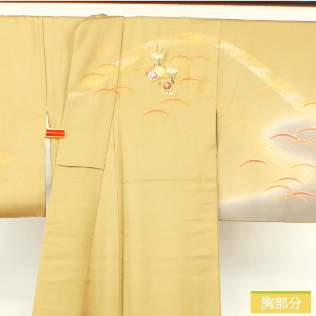 訪問着 袷 身丈167cm 裄丈66cm 芽色 京友禅 露草 巻物 一つ紋 剣片喰 正絹 Aランク 黄系 1112003933523