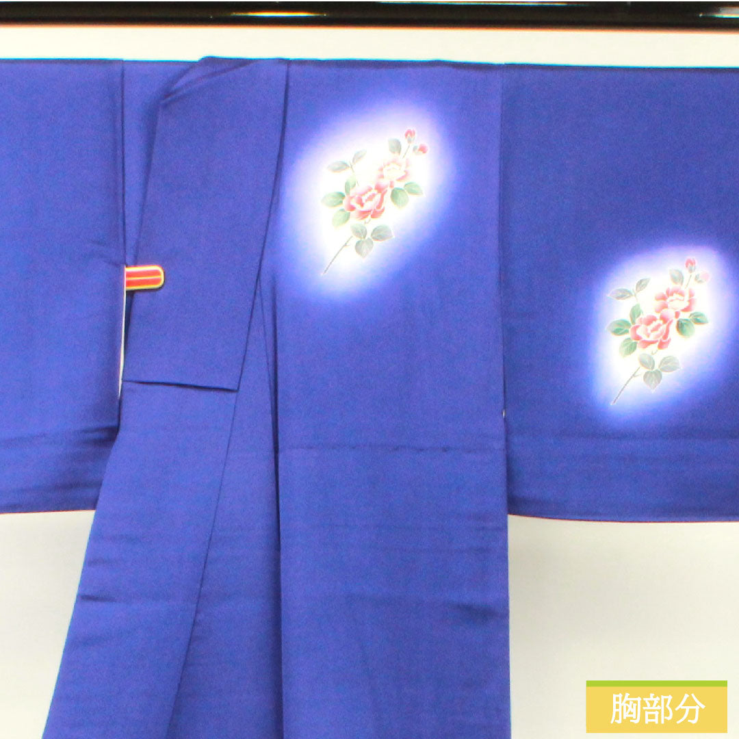 Homongi, pure silk, lined, length 150cm, sleeve length 62.5cm, blue-purple, floral pattern, fan, S rank, navy blue, 1112004202118