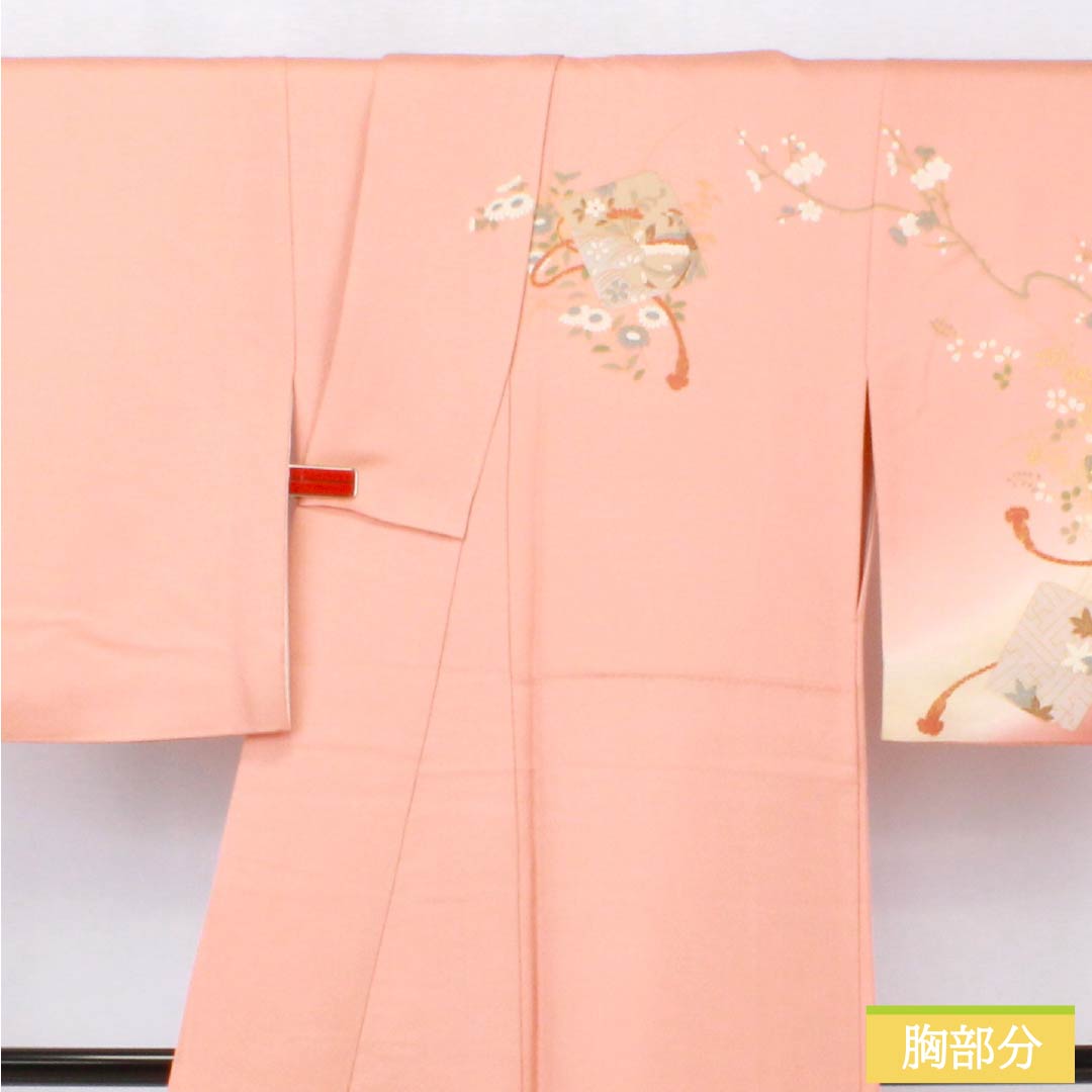 Visiting Kimono, Pure Silk, S Rank, Lined, Length 163.5cm, Sleeve Length 64cm, Tokiiro (Pink), Kyo-Yuzen, Classic Pattern, Shikishi (Colored Paper), Product Number: 1112006632413