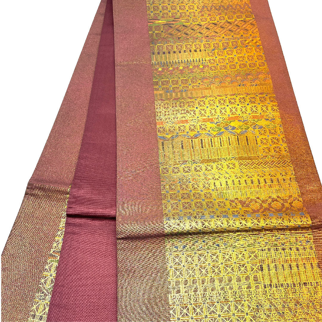 袋帯 七宝 麻の葉 染め帯 帯丈446cm 正絹 Sランク 全通 セミフォーマル 茶系 1123003392314