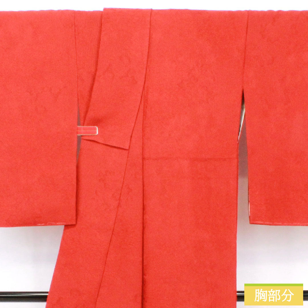 色無地 正絹 身丈161.5cm 裄丈63.5cm 紅絹色(もみいろ) 綸子 一つ紋 陰上り藤 袷 Sランク 赤系 1114002102412
