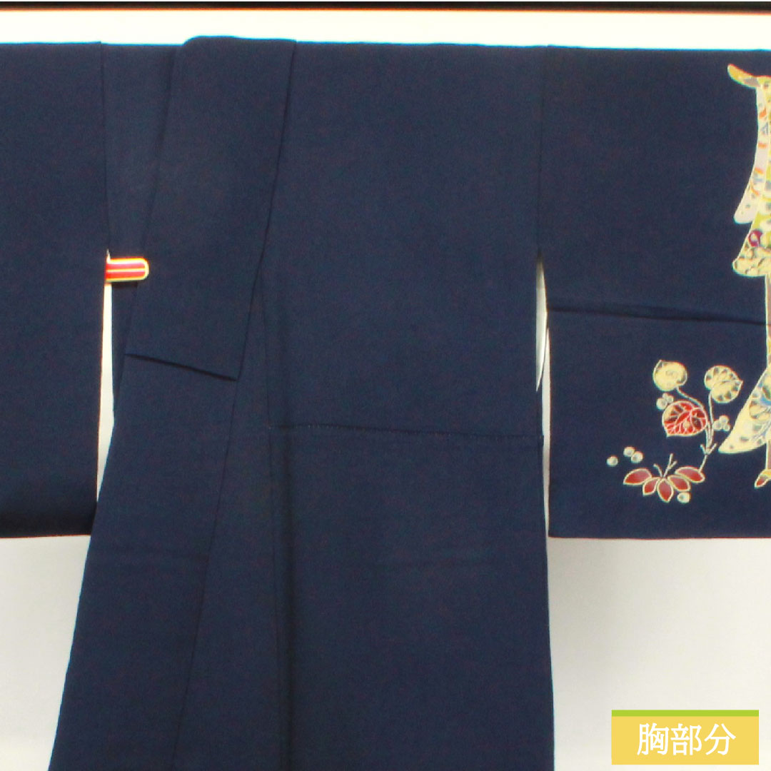 Homongi, pure silk, lined, length 172cm, sleeve length 67cm, dark blue, Tsujigahana, S rank, navy blue, 1112003572618