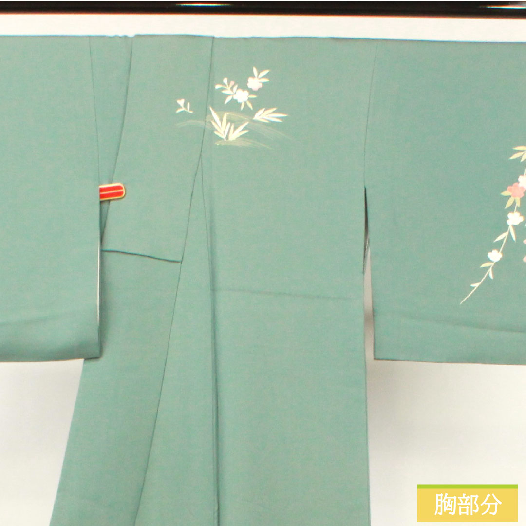Homongi, pure silk, lined, length 156cm, sleeve length 65.5cm, rust celadon color, Kyo-Yuzen, auspicious pattern, A rank, green, 1112003673319