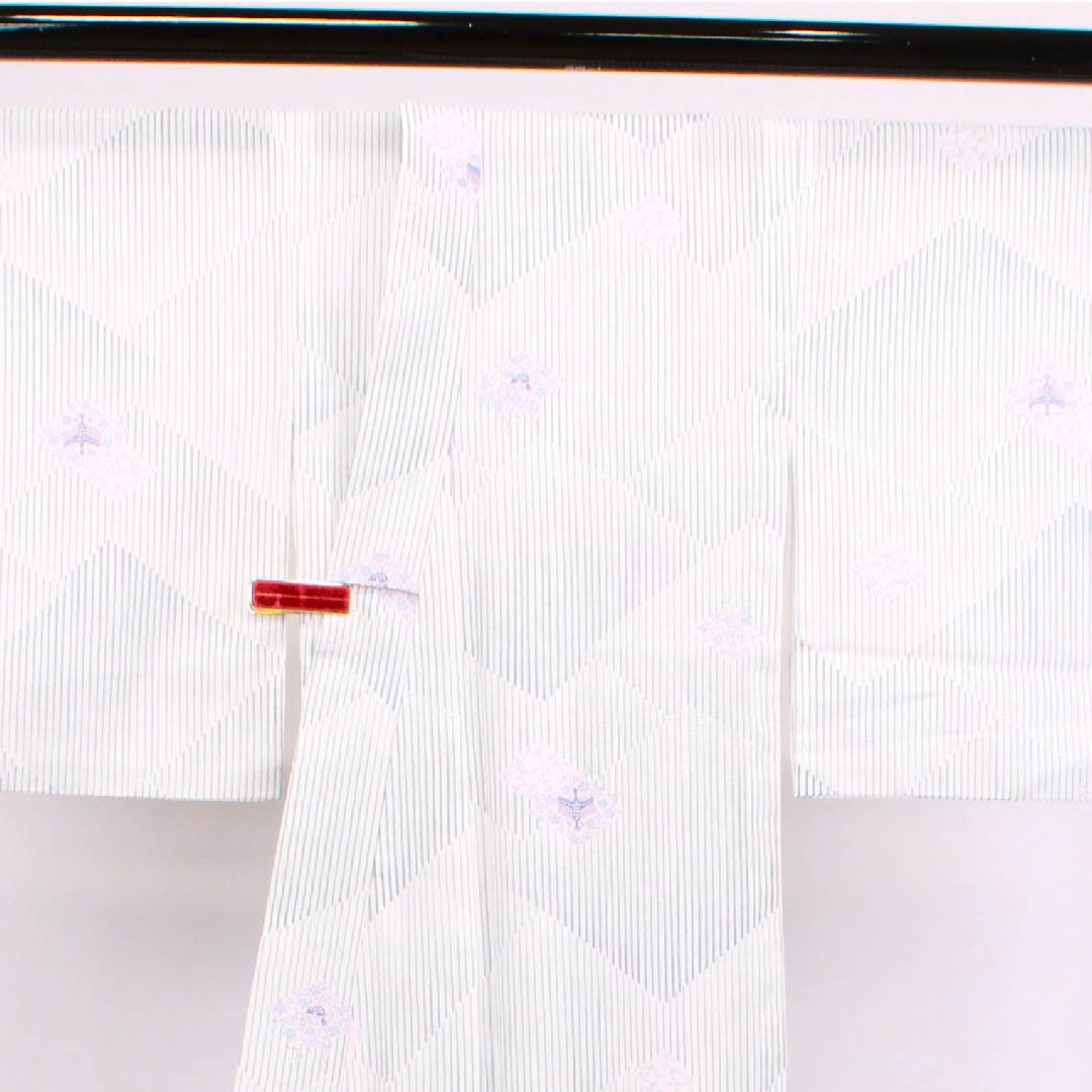 Summer polyester komon, length 160cm, sleeve length 63cm, fish belly white, bird, floral arabesque, diamond pattern, silk, S rank, white, 1132000342411