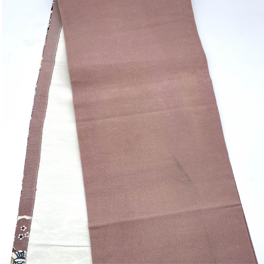 名古屋帯 紅鼠色 花柄 山 帯丈355cm 正絹 Bランク 三通 カジュアル ピンク系 1124004394313 開き仕立て