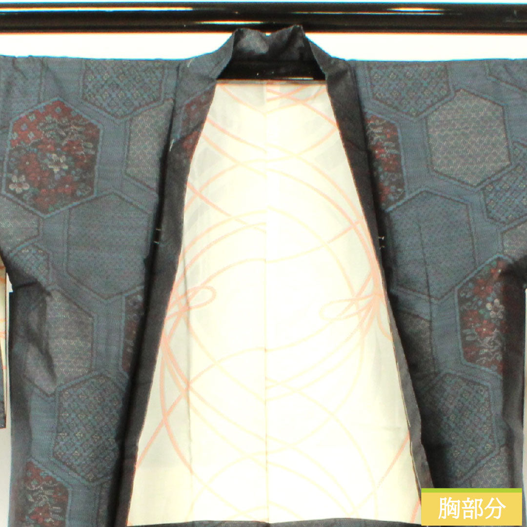 羽織 正絹 身丈87cm 裄丈65.5cm 大島紬 緯総絣 亀甲模様 しつけ糸付き Sランク 袷 紺系 1117001182918