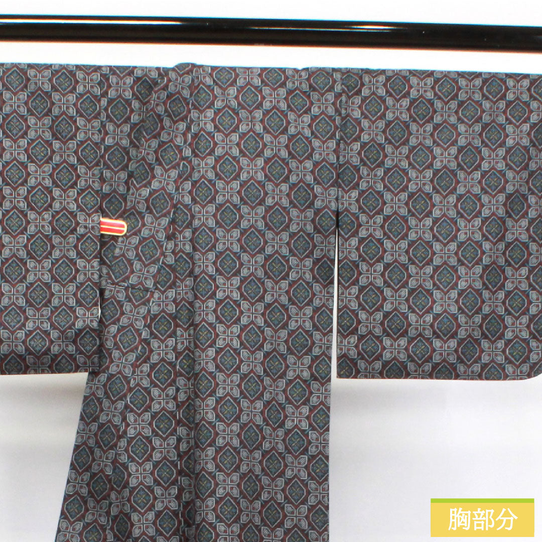 村山大島紬 正絹 身丈153.5cm 裄丈62cm アンサンブル 幾何学模様 Aランク 袷 黒系 1116002973210