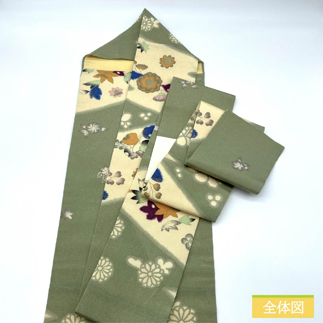 名古屋帯 正絹 Aランク 柳茶色(やなぎちゃいろ) ちりめん地 辻ヶ花 染め帯 帯丈347cm ポイント柄 カジュアル 緑系 1124009183319 名古屋仕立て