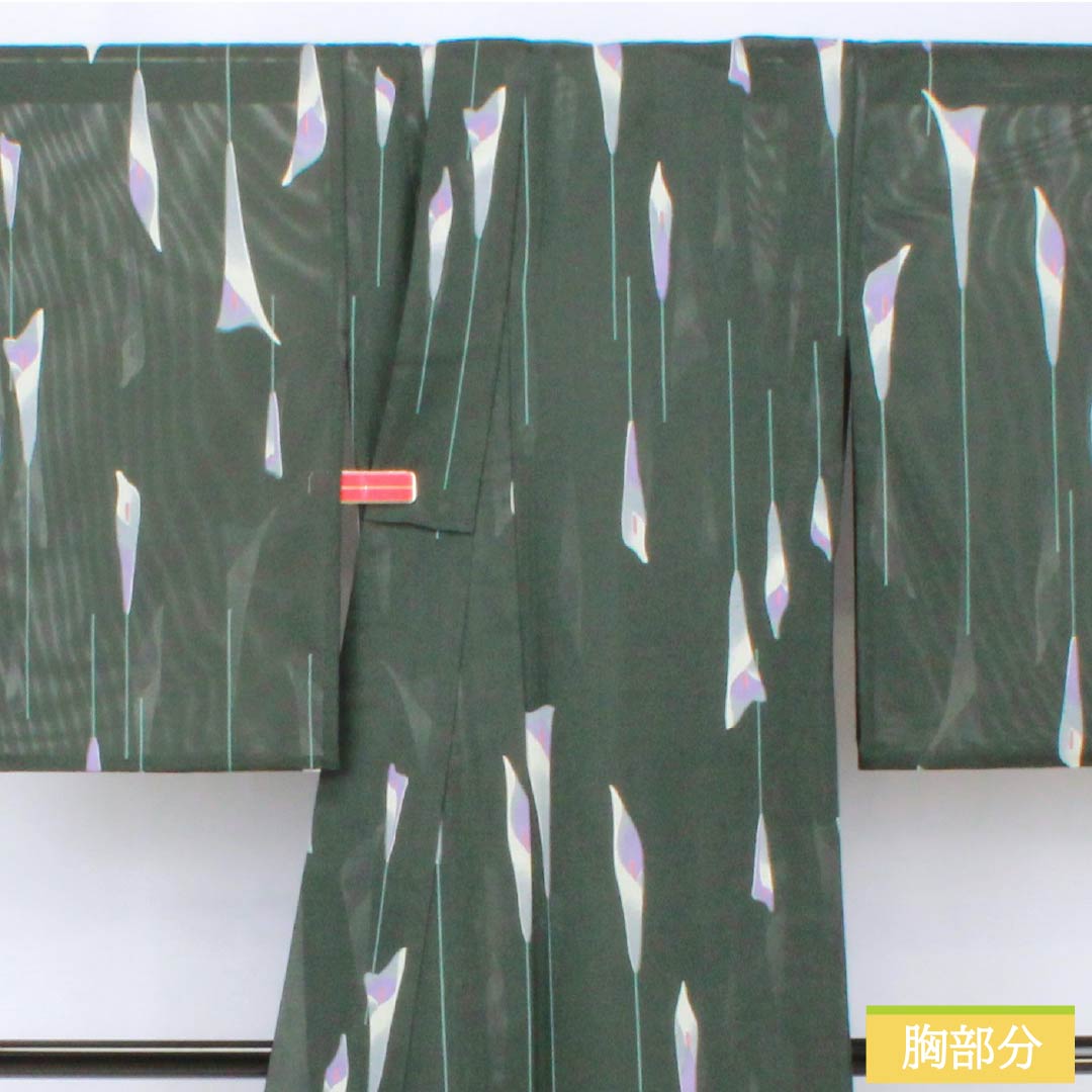 夏物 ポリエステル 小紋 身丈166cm 裄丈65cm カラー 洗える着物 絽 Sランク 緑系 1132002342519