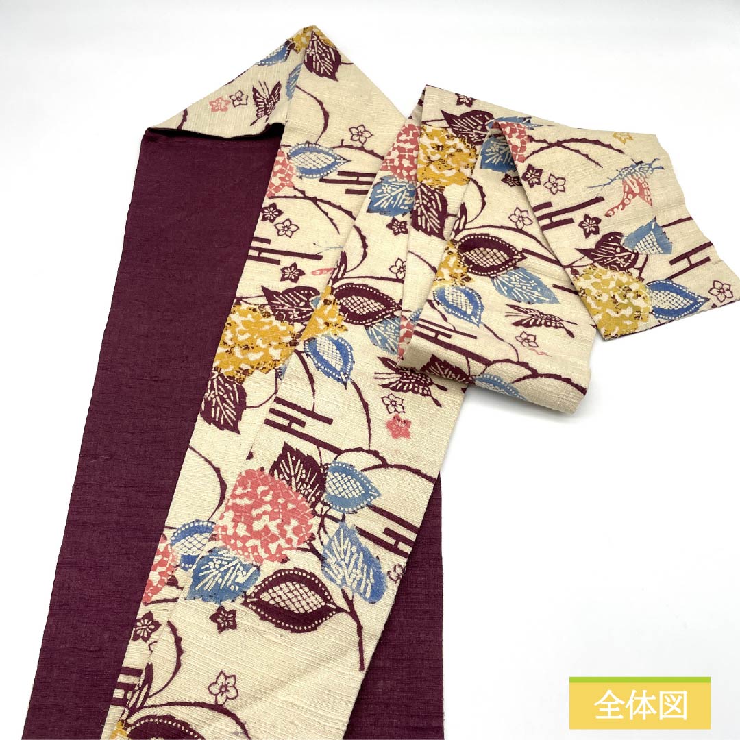 Nagoya Obi, Obana-iro (Obana color), stencil-dyed, pongee fabric, hydrangea, obi length 366cm, pure silk, S rank, full-length, casual, beige, 1124007772325, Nagoya-made