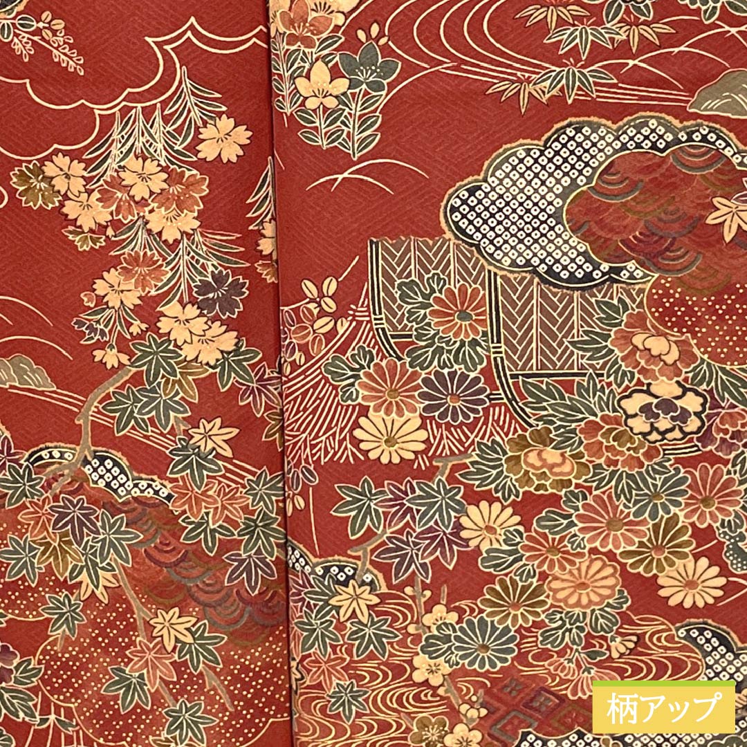 小紋 正絹 Sランク 身丈167cm 裄丈66cm 袷 濃紅葉色(こいもみじいろ) 京友禅 慶長小袖文様 赤系 1115008362512