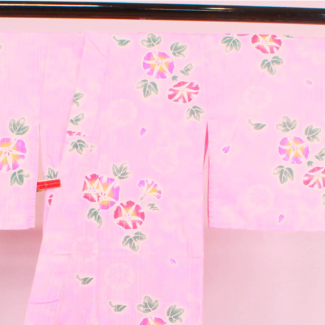 浴衣 洎夫藍色 浅紅色 朝顔 銀糸 木綿 Sランク 単衣 身丈162cm 裄丈64cm ピンク系 1118004252413