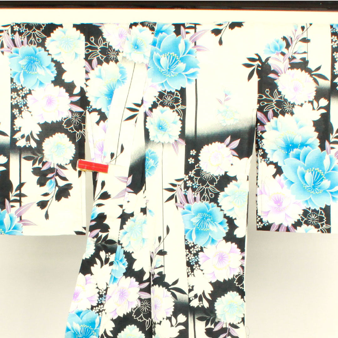 浴衣 モノトーン 桜 市松 木綿 Sランク 単衣 身丈161cm 裄丈65.5cm グラデーション系 1118001572499