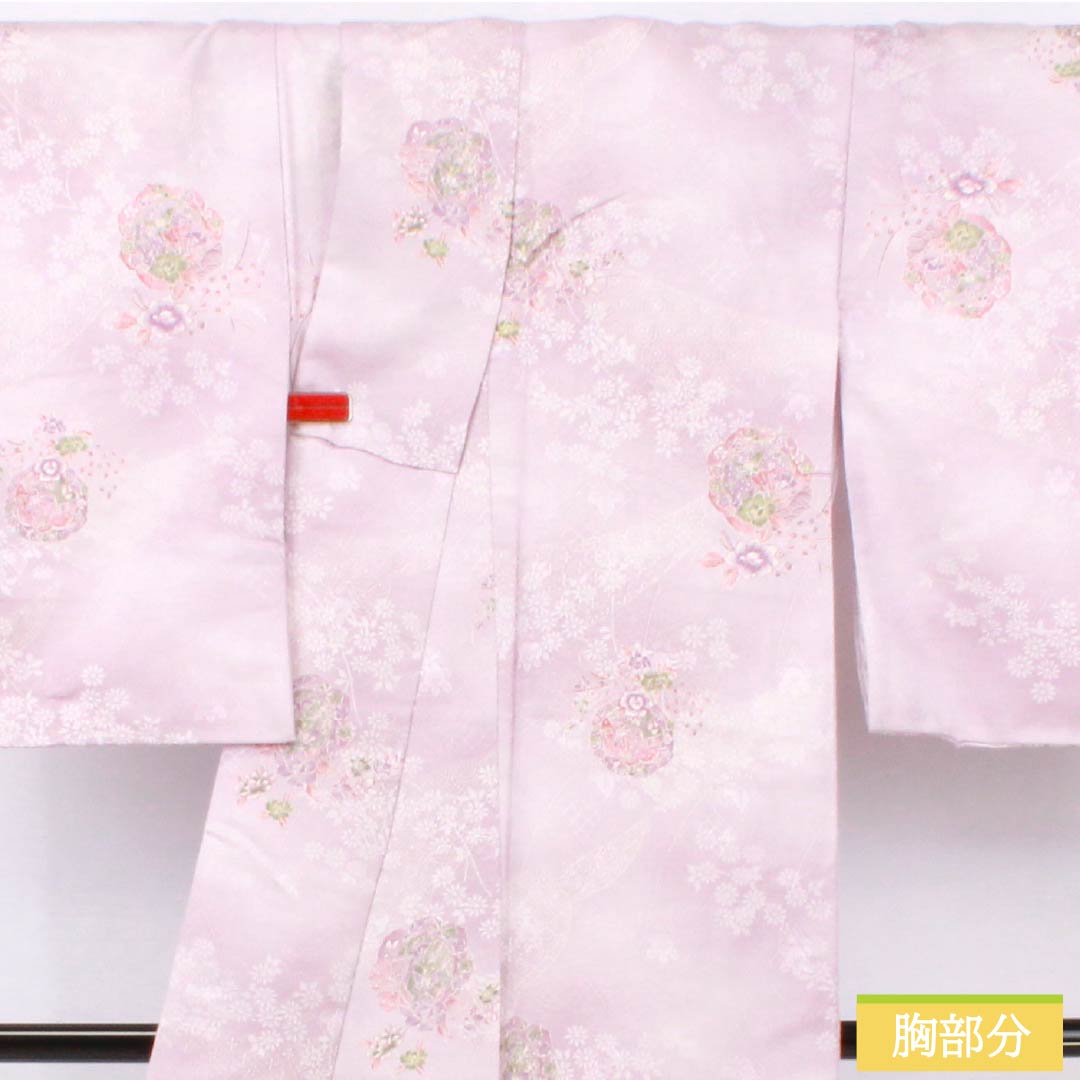 小紋 ポリエステル 身丈158.5cm 裄丈64cm 袷 白藤色(しらふじいろ) 洗える着物 小花 鏡 しつけ糸付き Aランク 紫系 1115005173320