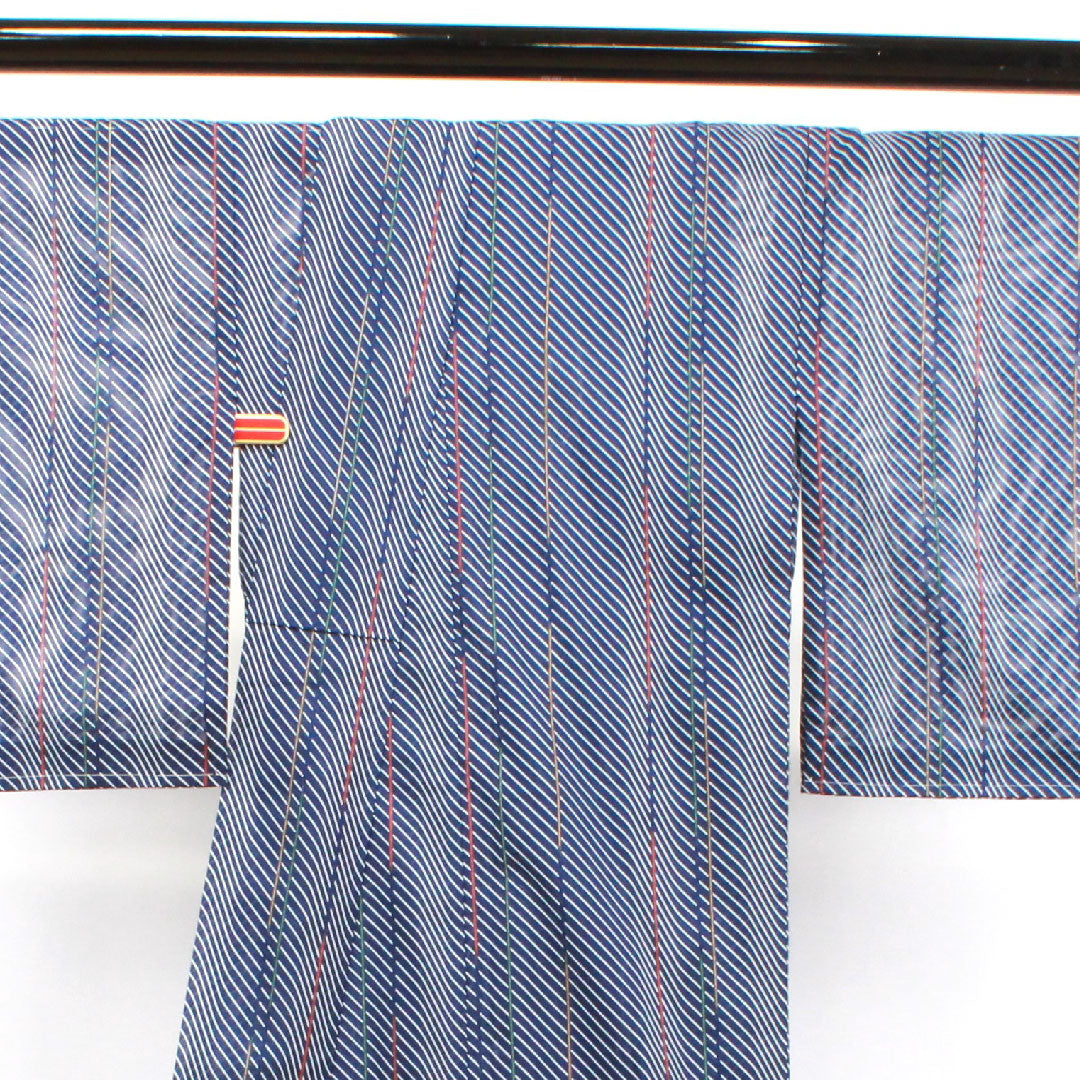 Summer kimono, polyester, small pattern, length 170.5cm, sleeve length 65cm, navy bellflower color, geometric pattern, washable kimono, with basting thread, silk, S rank, navy blue, 1132001552618