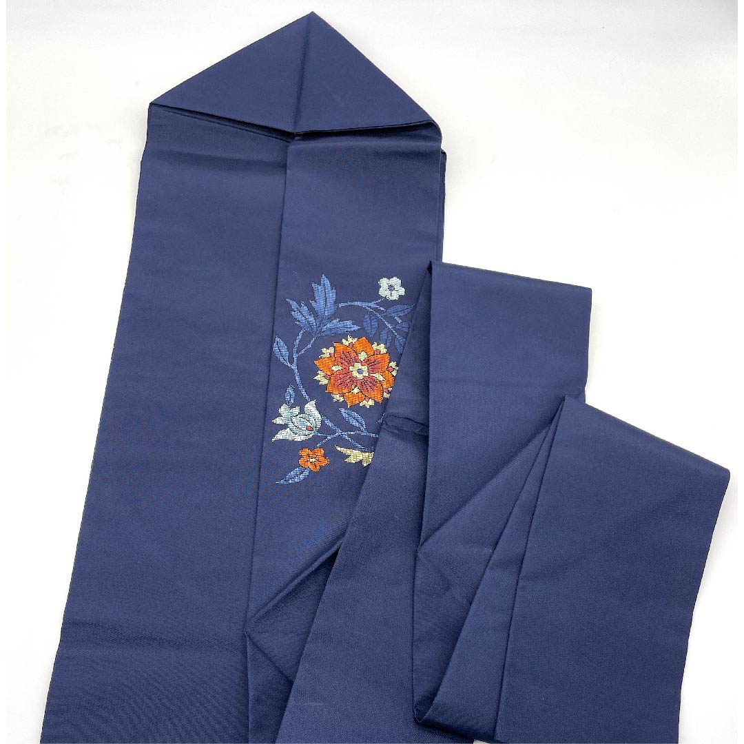 名古屋帯 紺色 唐花模様 帯丈356cm 正絹 Aランク ポイント柄 カジュアル 紺系 1124003033318 名古屋仕立て